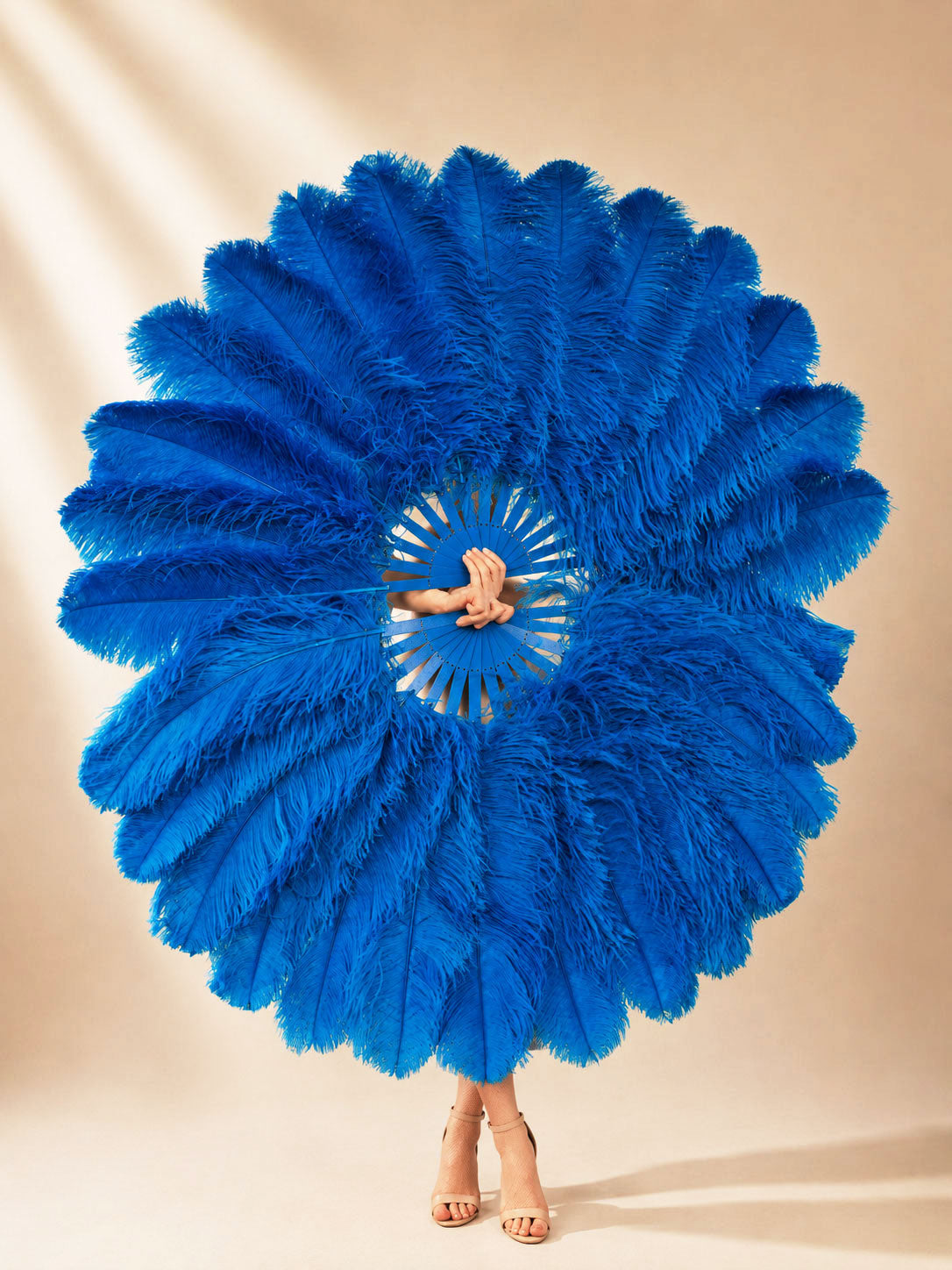 Front view of BurlyLuxe Half-Moon Beginner's Double-Sided Stage Fan 180° Single Layer Ostrich Feather Fan 25" × 52"
