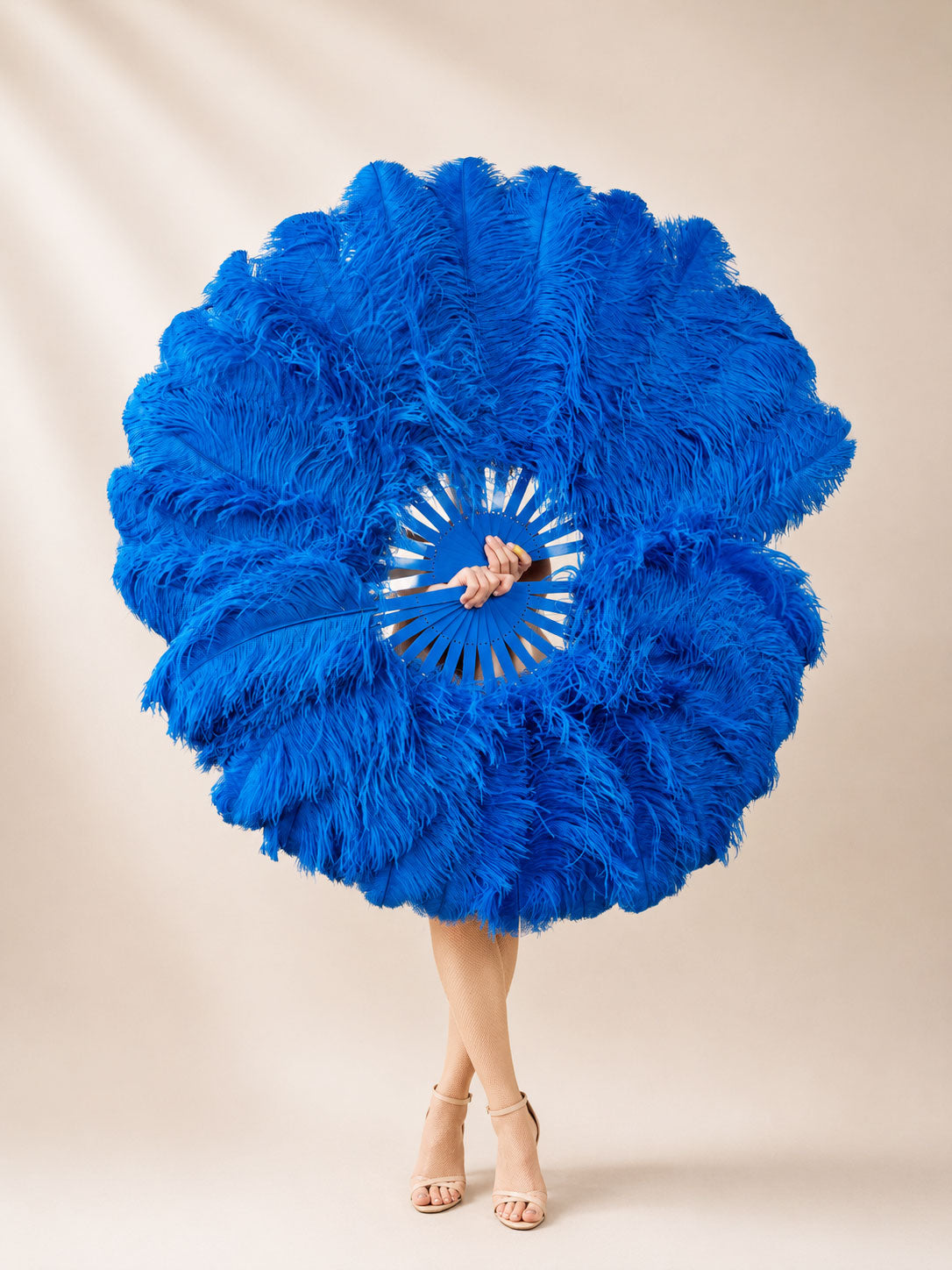 Full view of BurlyLuxe Half-Moon Beginner's Double-Sided Stage Fan 180° Single Layer Ostrich Feather Fan 25" × 52"