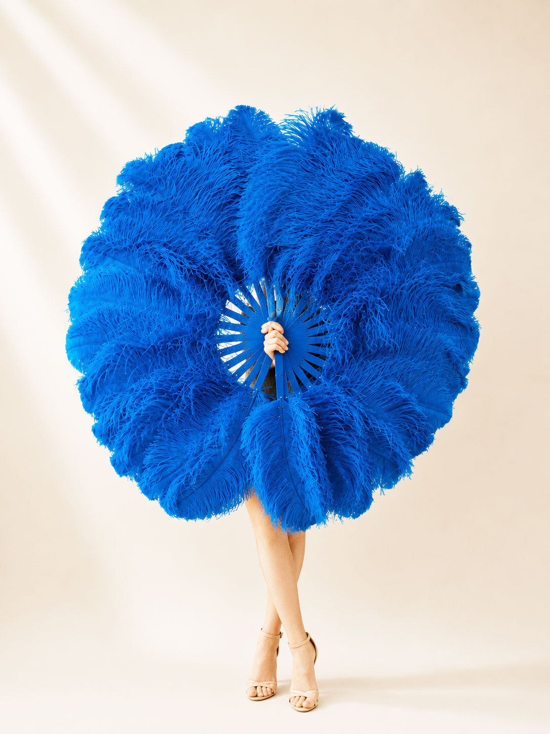 Back view of BurlyLuxe Half-Moon Beginner's Double-Sided Stage Fan 180° Single Layer Ostrich Feather Fan 25" × 52"