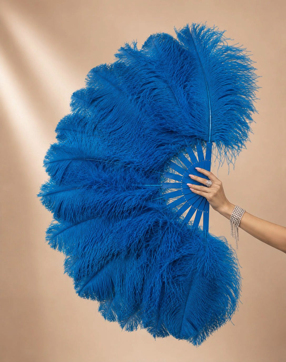 Side view of BurlyLuxe Half-Moon Beginner's Double-Sided Stage Fan 180° Single Layer Ostrich Feather Fan 25" × 52"
