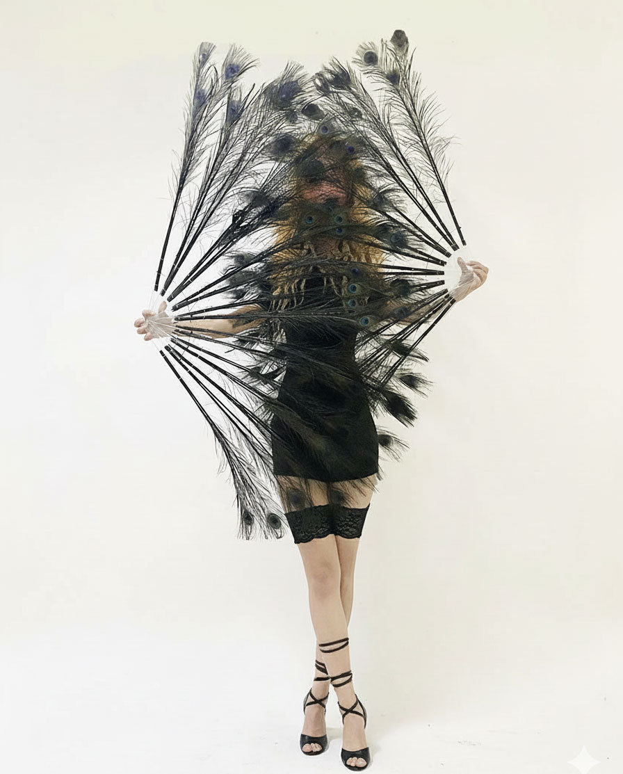 BurlyLuxe Stage-Grade Black Peacock Feather Fan