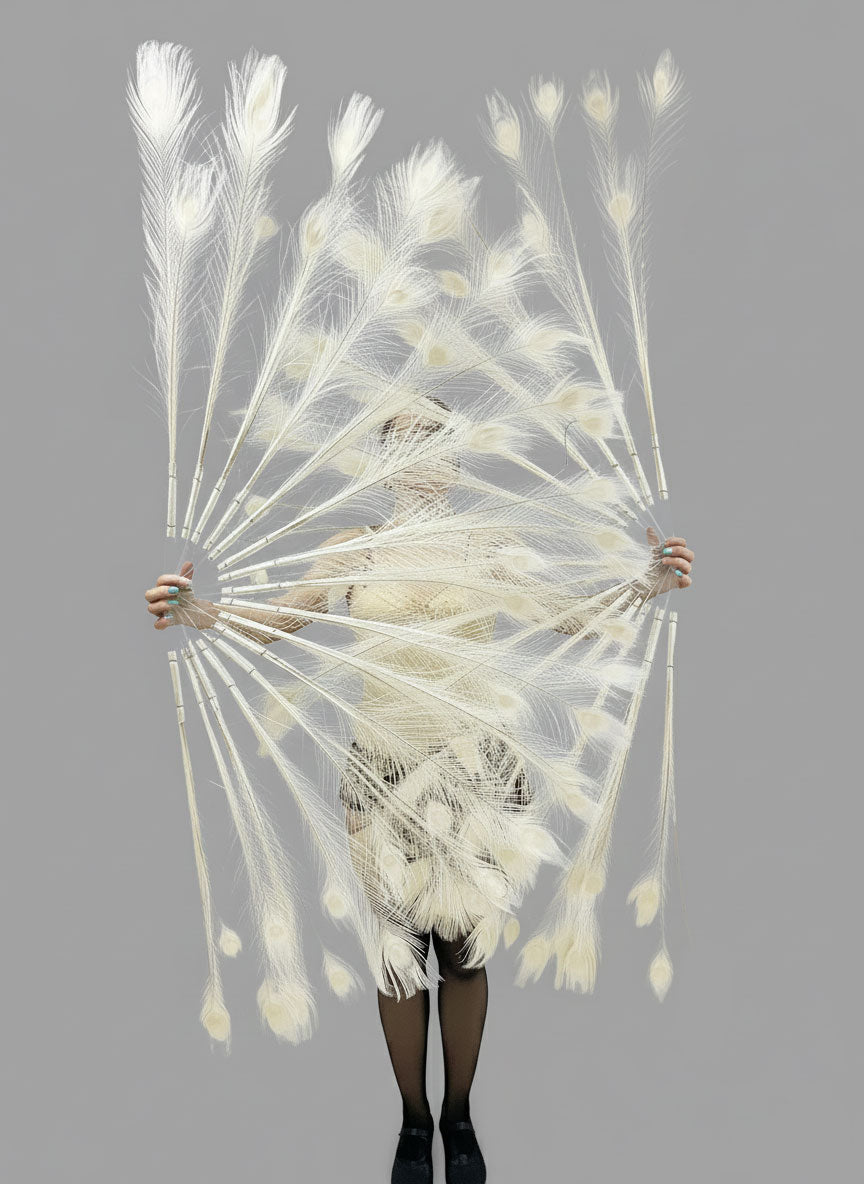 BurlyLuxe Stage-Grade White Peacock Feather Fan