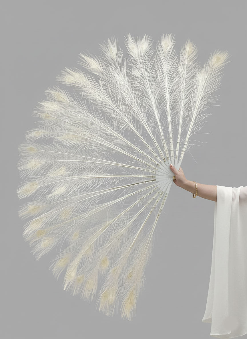 BurlyLuxe Stage-Grade White Peacock Feather Fan