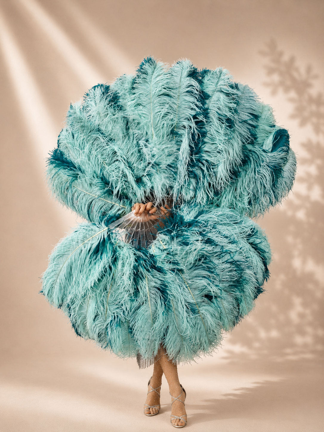 BurlyLuxe Single Layer Beginner's Double-Sided Stage Ostrich Feather Fan 25" × 47" for burlesque, cabaret and stage performance.