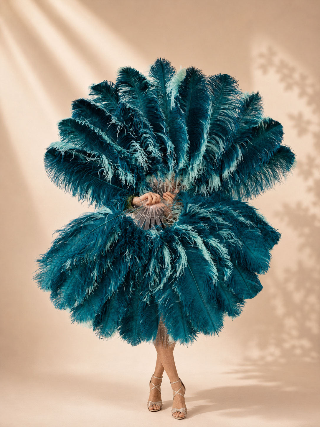 Front view of BurlyLuxe Single Layer Beginner's Double-Sided Stage Ostrich Feather Fan 25" × 47".