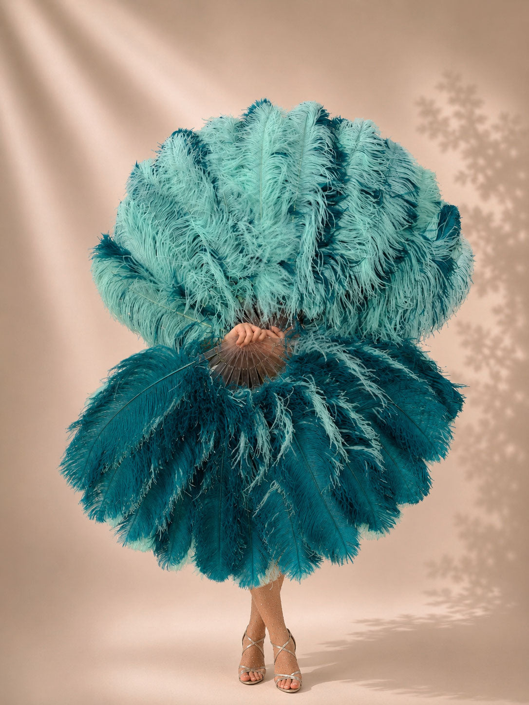 Back view of BurlyLuxe Single Layer Beginner's Double-Sided Stage Ostrich Feather Fan 25" × 47".