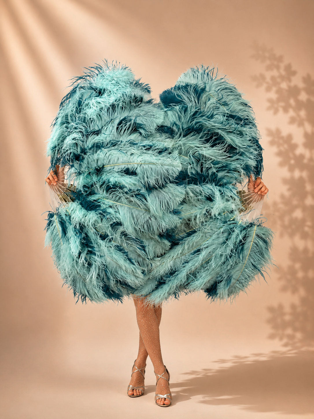 Full view of BurlyLuxe Single Layer Beginner's Double-Sided Stage Ostrich Feather Fan 25" × 47".
