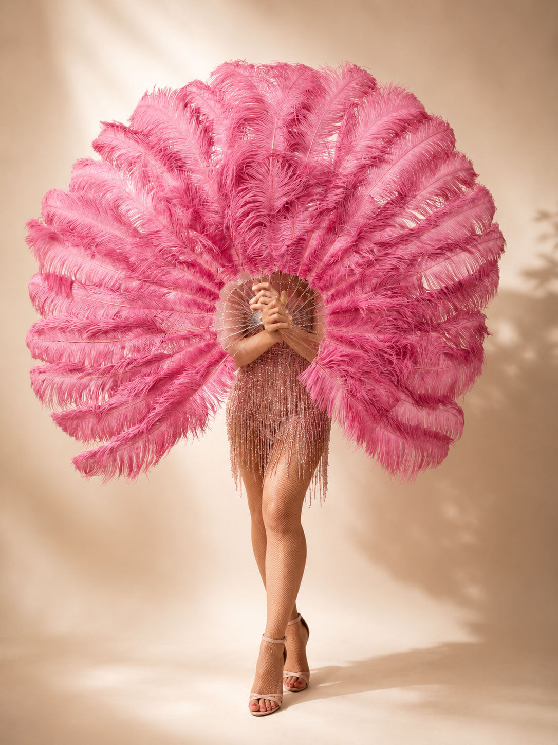 Full view of BurlyLuxe Single Layer Beginner's Ostrich Feather Fan 25" × 45"