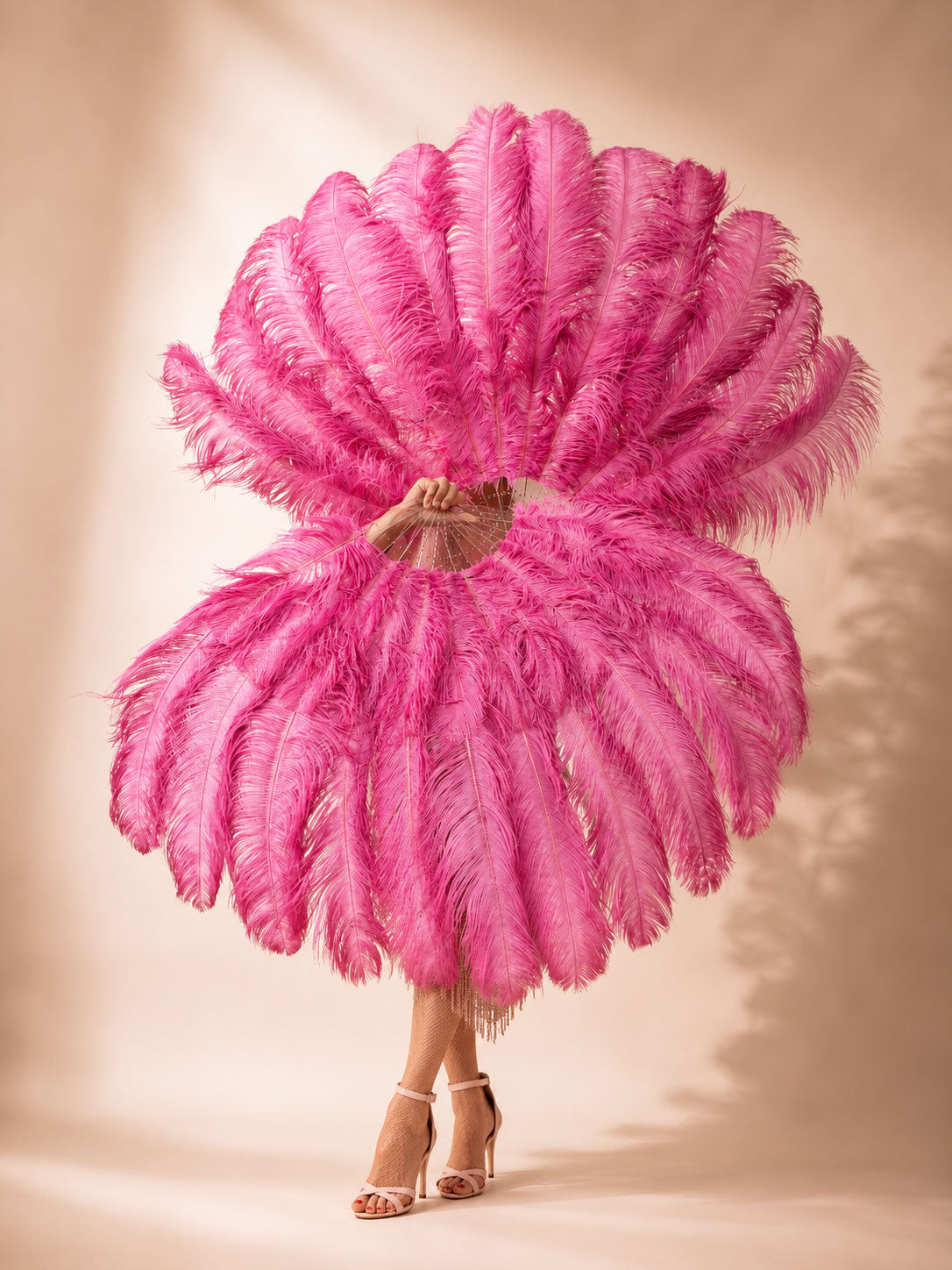Front view of BurlyLuxe Single Layer Beginner's Ostrich Feather Fan 25" × 45"