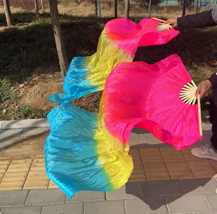 Rose Red & Yellow & Blue - Silk belly dance fan