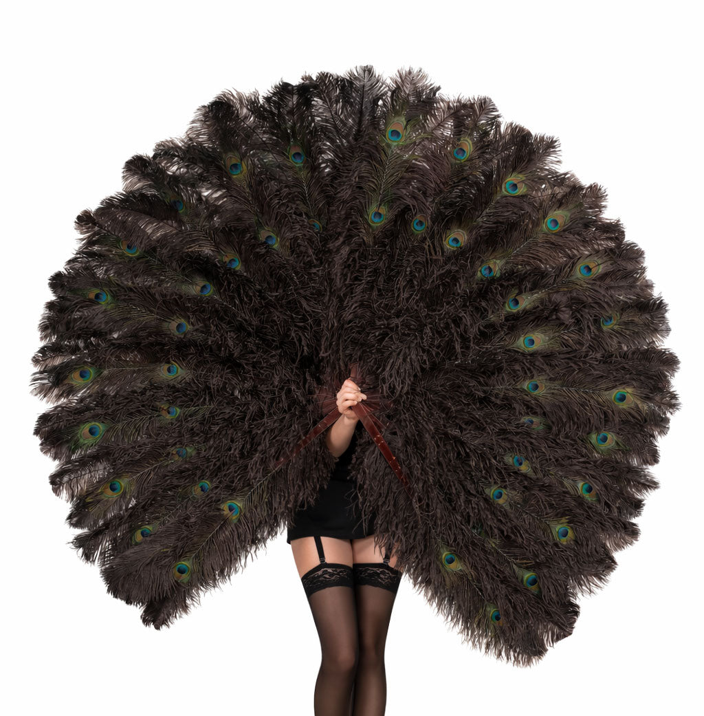 BurlyLuxe Master Triple Layer Ostrich Feather Fan – Peacock Eye Edition 35" × 65"