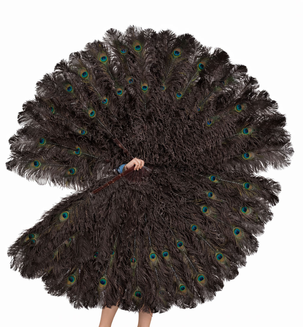 BurlyLuxe Master Triple Layer Ostrich Feather Fan – Peacock Eye Edition 35" × 65"