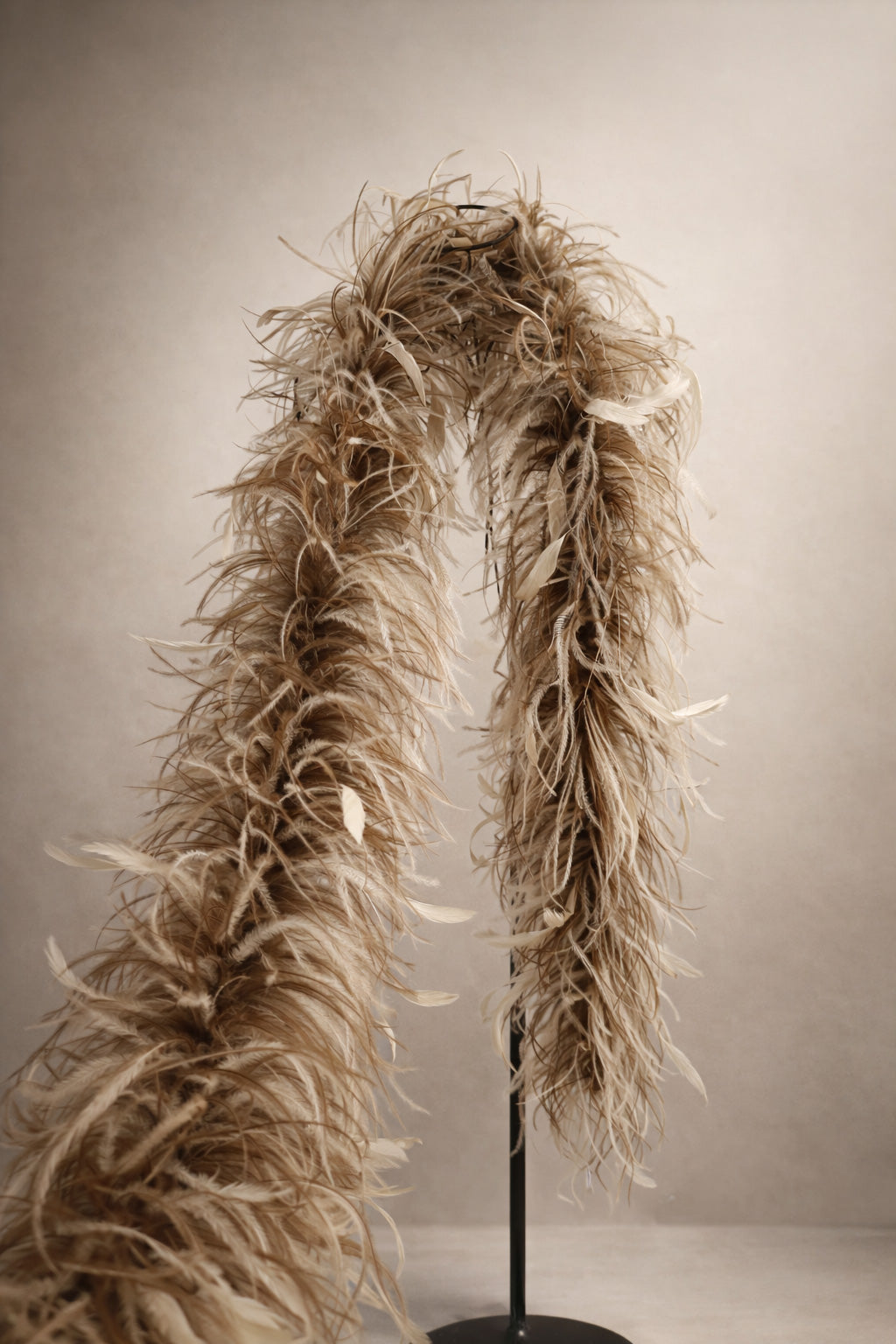Natural Taupe Gradient Luxury 6-Ply Ostrich Feather Boa with Pheasant Feather Drift