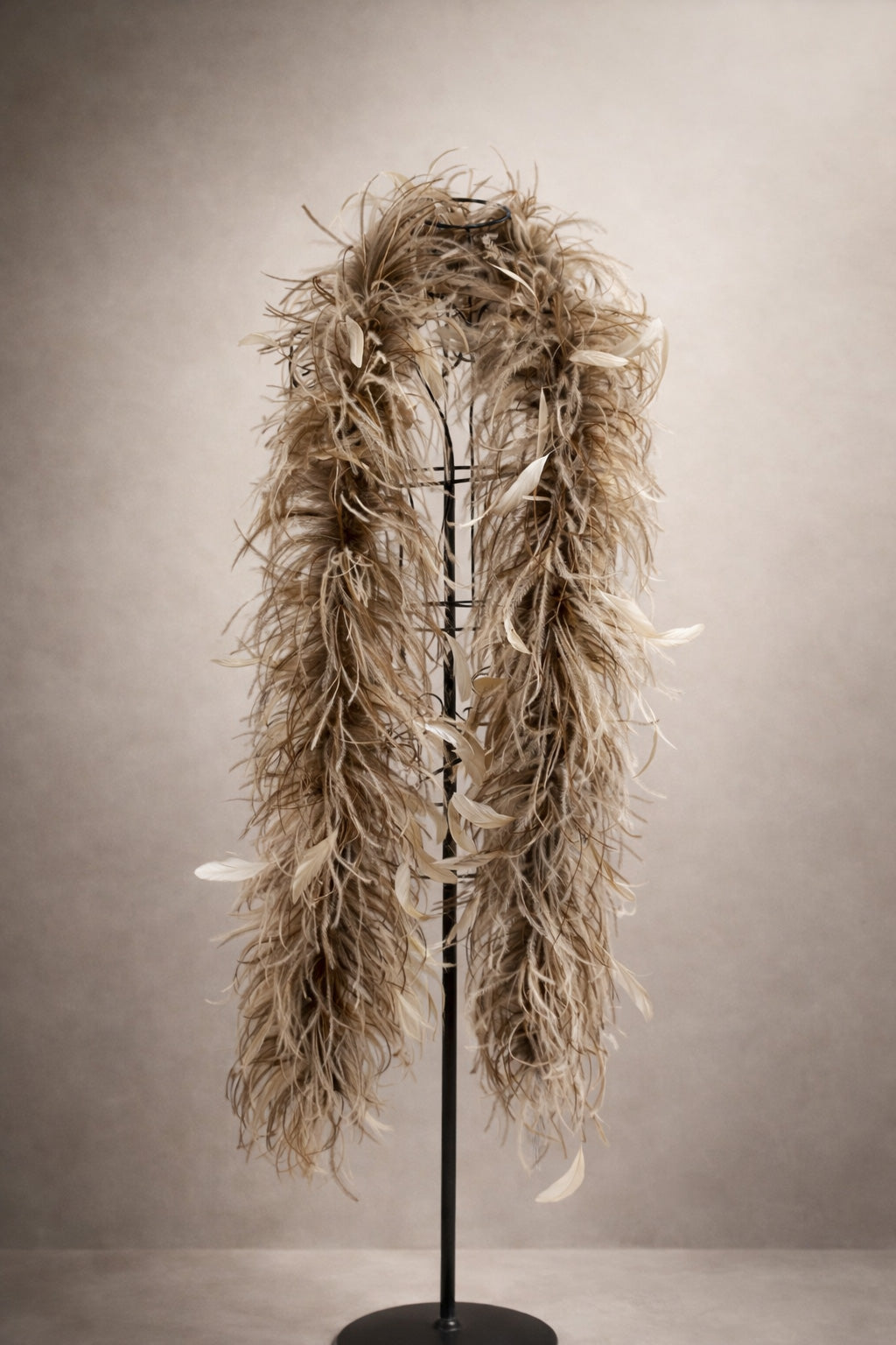 Natural Taupe Gradient Luxury 6-Ply Ostrich Feather Boa with Pheasant Feather Drift