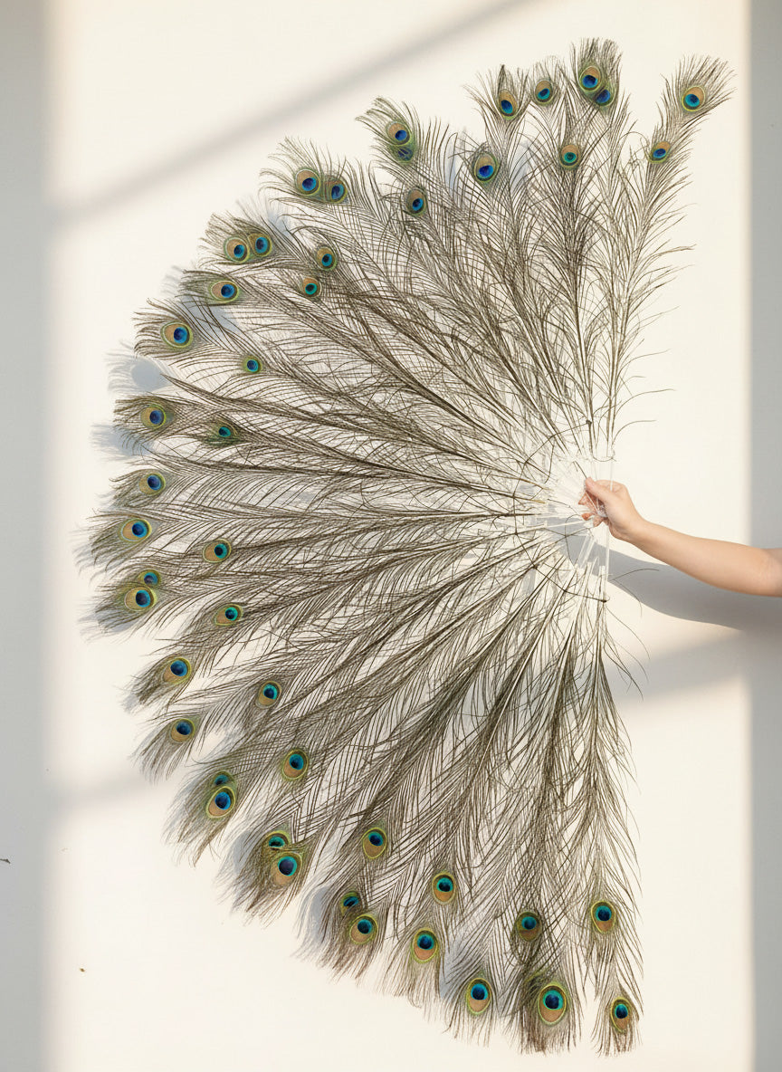 BurlyLuxe Royal Emerald Natural Peacock Feather Fan